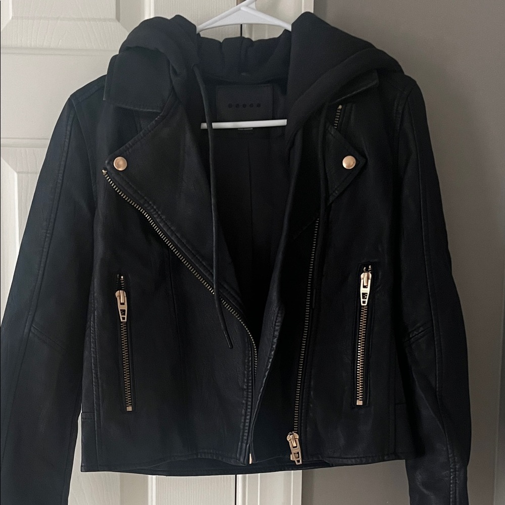 BlankNYC Faux Black Leather Jacket w/Removable Hood